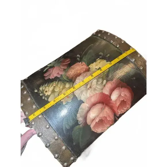 Vintage Hand-Painted Floral Wooden Chest with Metal Studs